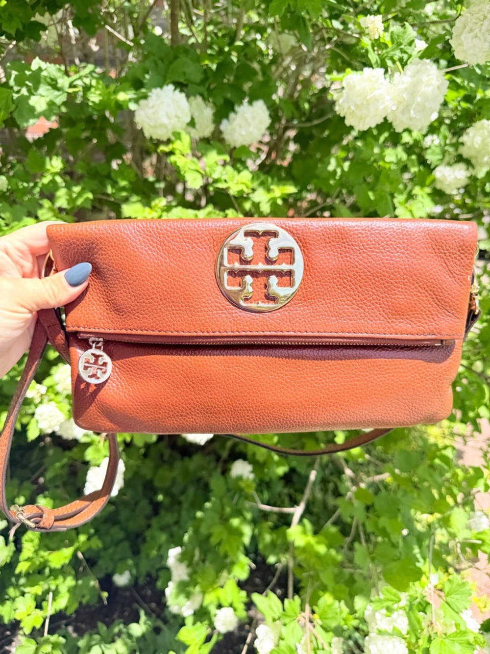 Tory Burch Saddle Brown pebbled Leather Fold-Over Crossbody Clutch